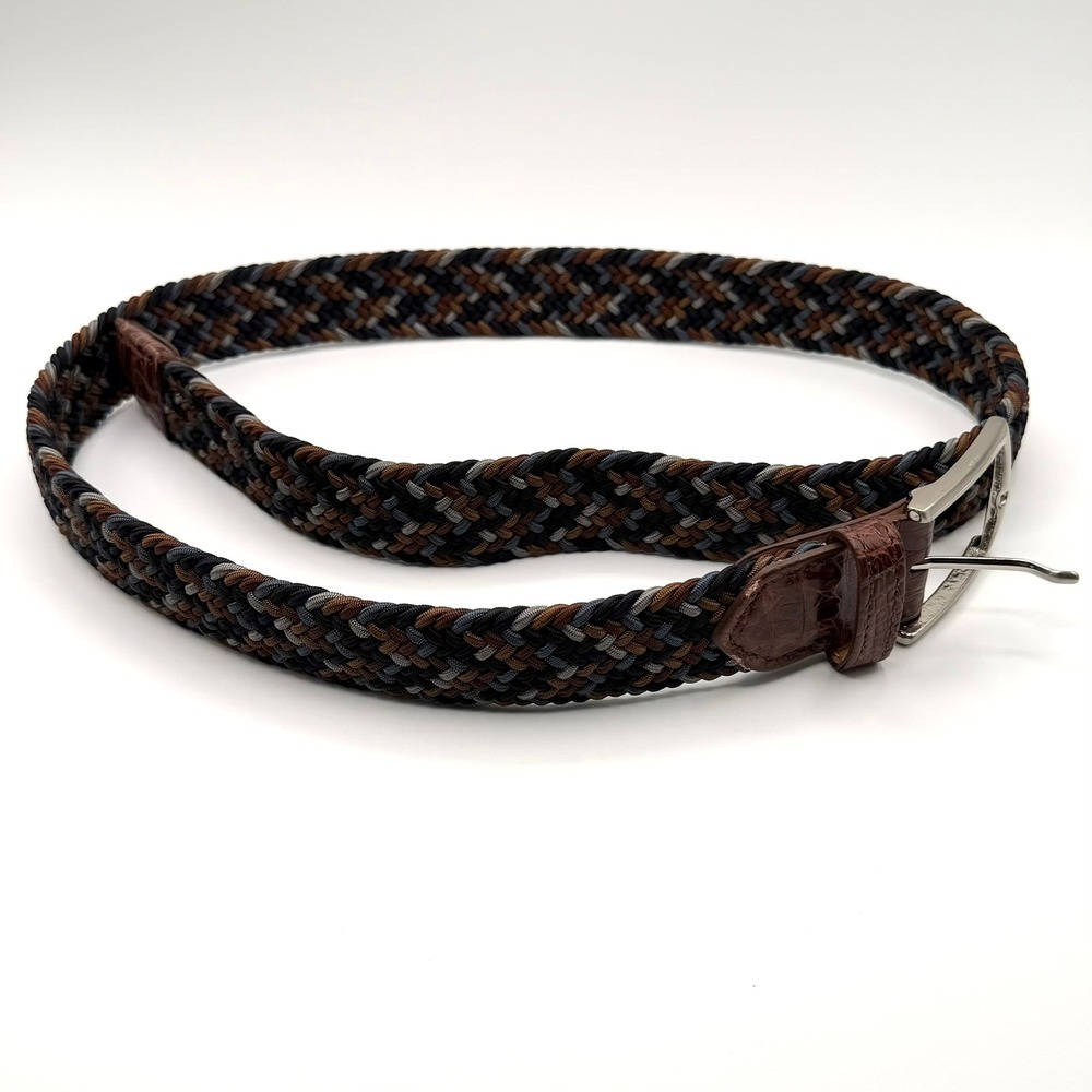 W. Kleinberg Mens Woven Cotton Belt Crocodile Leather Tabs Nickel Buckle Size 38